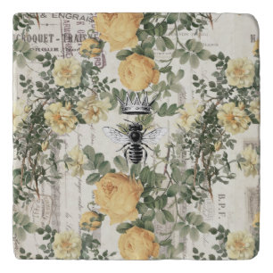 Vintage Honey Bee Ephemera Yellow Floral Pattern Trivet