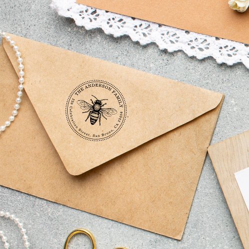 Vintage Honey Bee Family Name Round Return Address Rubber Stamp