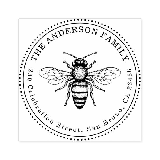 Vintage Honey Bee Family Name Round Return Address Rubber Stamp