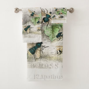 Vintage Honey Bee Queen Bee Entomology Botanical Bath Towel Set