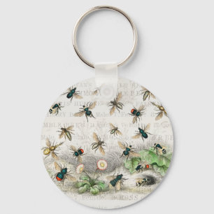 Vintage Honey Bee Queen Bee Entomology Botanical Keychain
