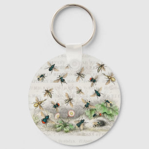 Vintage Honey Bee Queen Bee Entomology Botanical Keychain