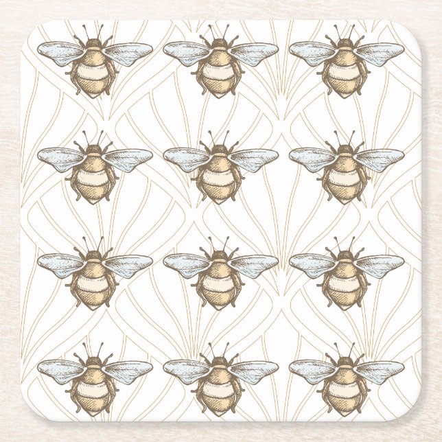 Vintage Honey Bee Square Paper Coaster (Front)