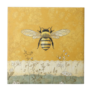 Vintage Honey Bee Wildflower Garden (3) Ceramic Tile