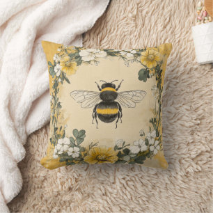 Vintage Honey Bee Wildflower Garden (4) Throw Pillow