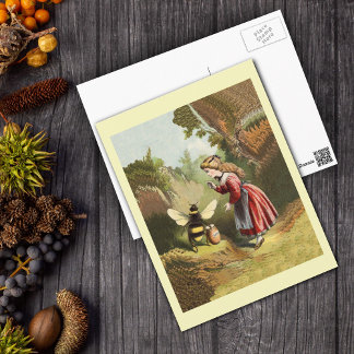 Vintage Honey Bee With Girl Postcard