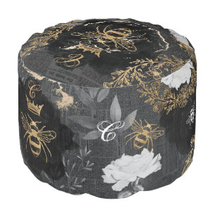 Vintage Honey Bees & Florals Decoupage Monogram Pouf