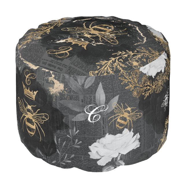 Vintage Honey Bees & Florals Decoupage Monogram Pouf (Angled Front)