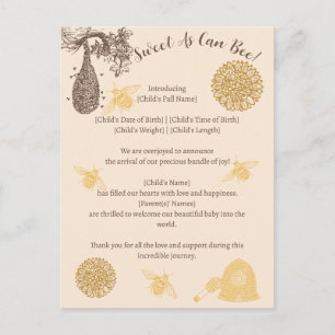 Vintage Honey Bumblebee Birth Announcement Postcard