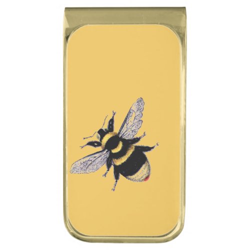 Vintage Honey Flying Bumble Buzzing Bee Print Gold Finish Money Clip