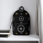 Vintage Honey Queen Bee Black & White Monogram Printed Backpack<br><div class="desc">Elegant vintage-style honey-themed backpack. The design features our own original hand-drawn vintage-style queen honey bee with an elegant golden crown above the queen bee. A beautiful rustic vintage-style floral wreath frames the queen bee illustration. A black background contrasts beautifully with the queen bee illustration design. Rustic vintage hand-lettering adds to...</div>