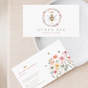 Vintage Honey Queen Bee Watercolor Wildflowers Business Card by moodthology at Zazzle
