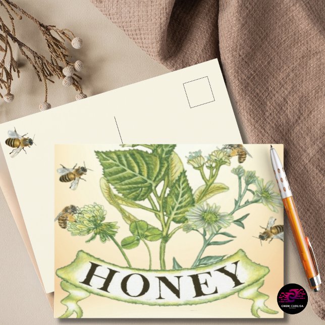 Vintage Honeybee Botanical Illustration Postcard (Vintage honeybee art, designed to travel beautifully.)