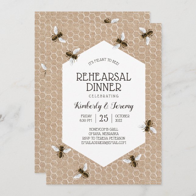 Vintage Honeybee Burlap Rehearsal Dinner Invitation (Front/Back)