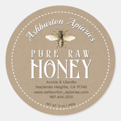 Vintage Honeybee Classy Kraft Pure Raw Honey Classic Round Sticker