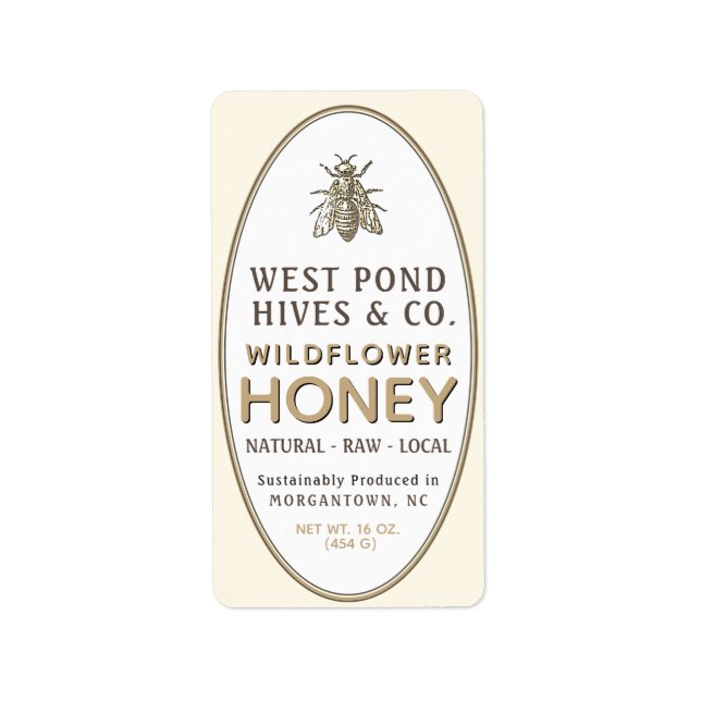 Vintage Honeybee Honey Custom Oval Label White (Front)
