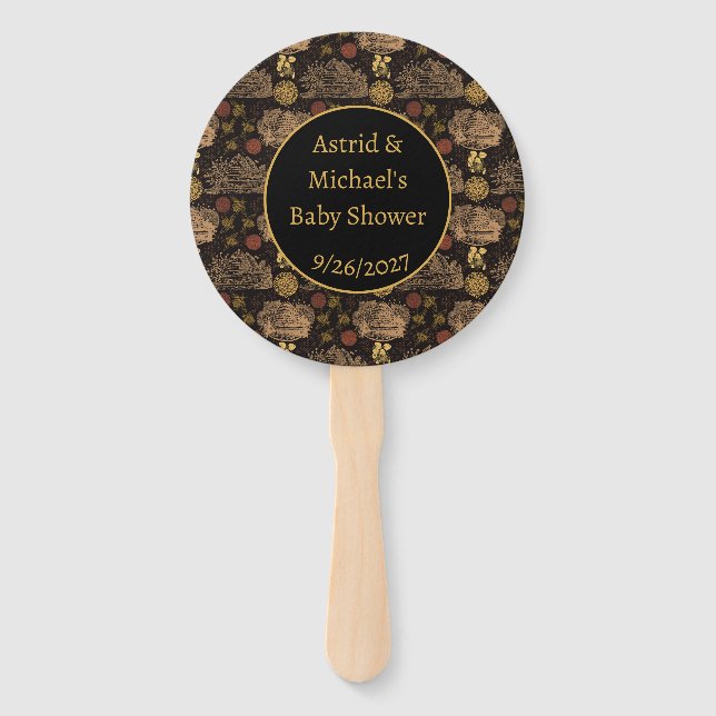 Vintage Honeycomb Bee Black Baby Shower  Hand Fan (Front)