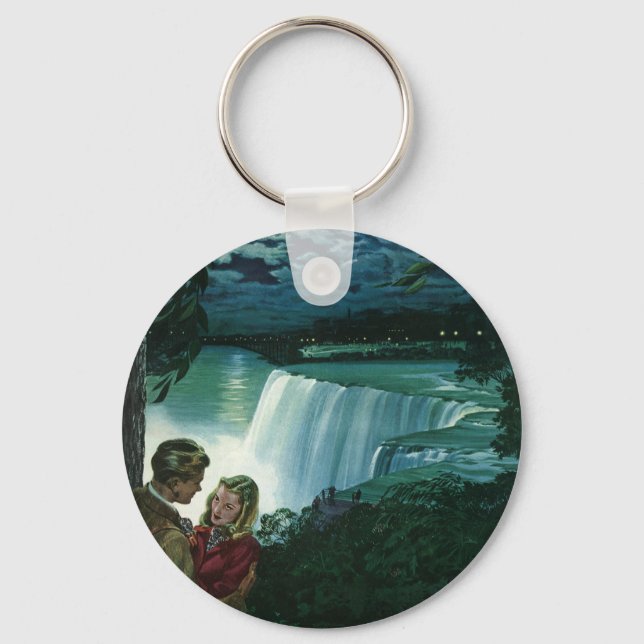 Vintage Honeymoon Love, Newlyweds at Niagara Falls Keychain (Front)