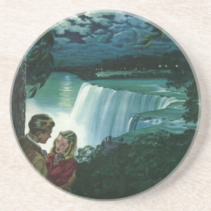 Vintage Honeymoon Love, Newlyweds at Niagara Falls Sandstone Coaster