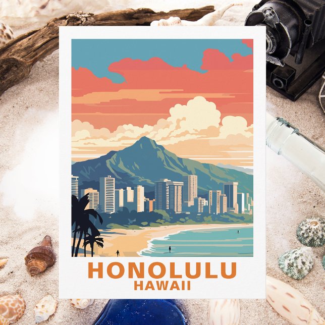 Vintage Honolulu Hawaii Beach Travel Art Postcard (Creator Uploaded)