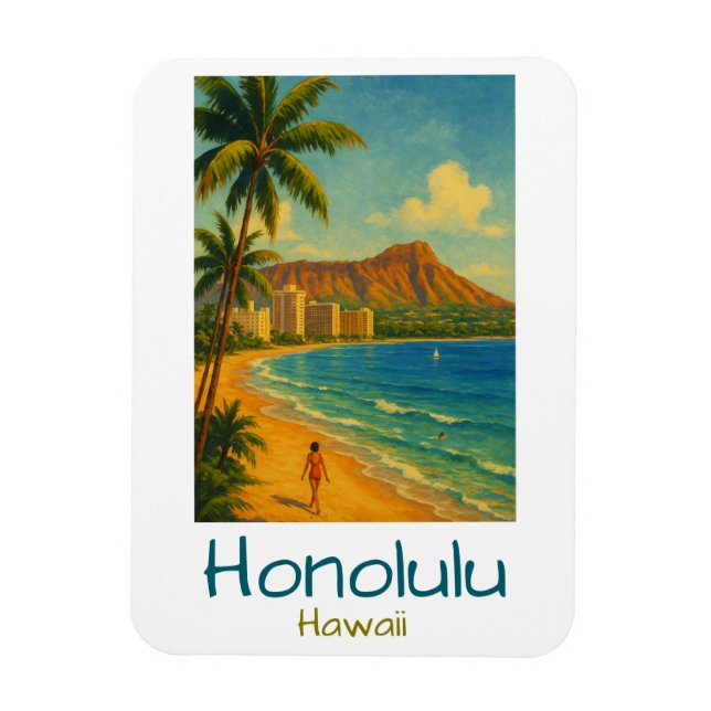 Vintage Honolulu Hawaii Waikiki Beach Magnet (Vertical)