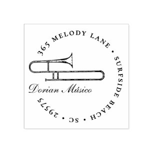 Vintage Horn Trombone Music Return Address  Rubber Stamp