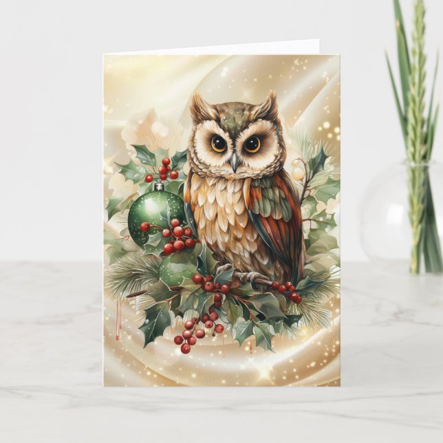 Vintage Horned Owl Christmas Holiday Card (Front)