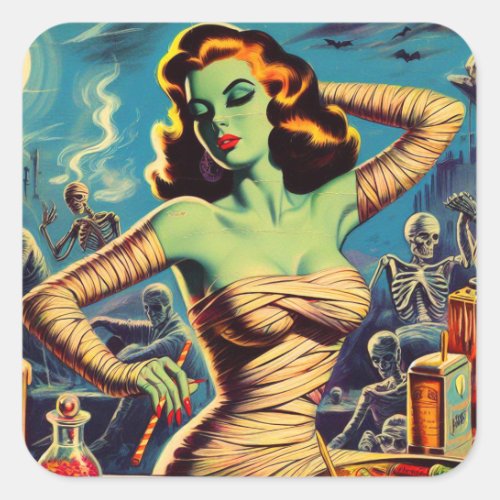 Vintage Horror Mummy Girl Square Sticker