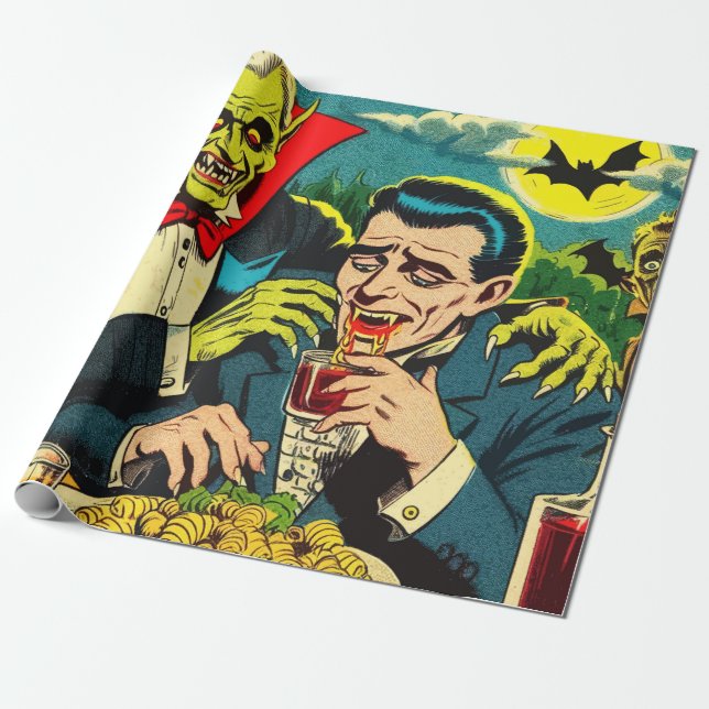 Vintage Horror Vampire Comics Wrapping Paper (Unrolled)