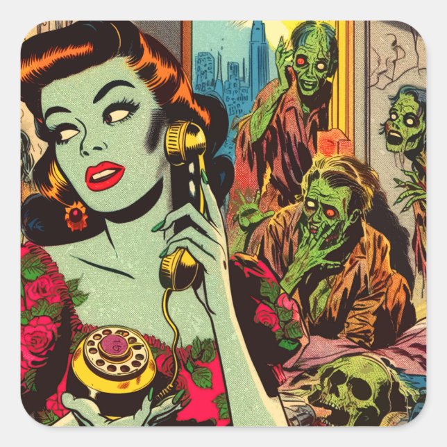 Vintage Horror Zombie Comics Square Sticker (Front)