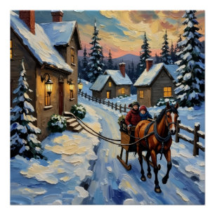 Vintage Horse and Sleigh on Snowy Christmas Poster