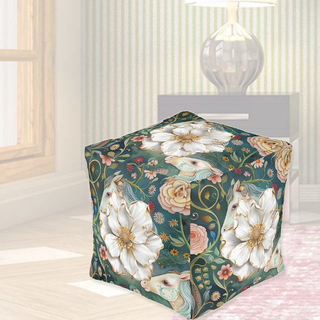 Vintage Horse & Blooms Cube Pouf (Creator Uploaded)