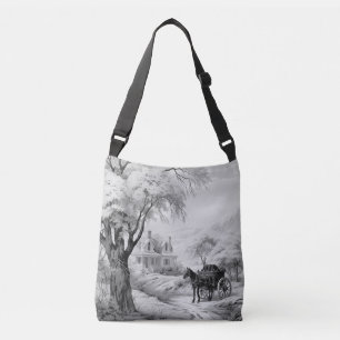 Vintage Horse & Carriage Black & White Toile Crossbody Bag
