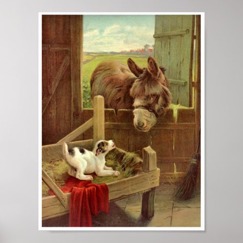 Vintage Horse Dog in Barn on Farm Poster