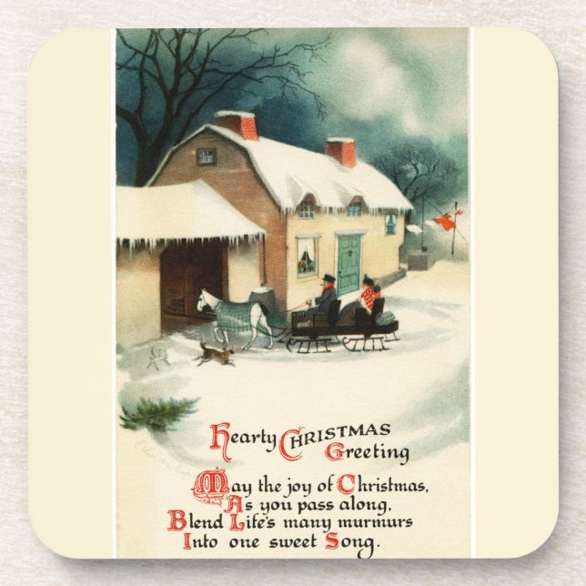 Vintage Horse Drawn Sleigh Christmas Beverage Coaster (Front)