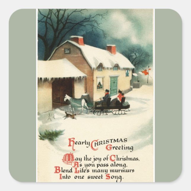 Vintage Horse Drawn Sleigh Christmas Square Sticker (Front)