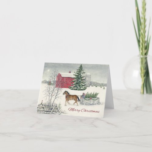 Vintage Horse Pulling Tree Merry Christmas Holiday Card