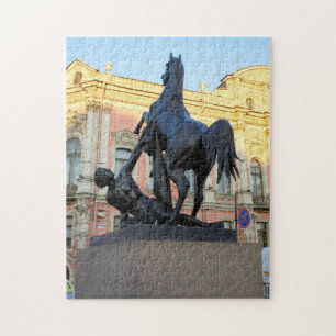 Vintage horse sculpture on Anichkov bridge Jigsaw Puzzle