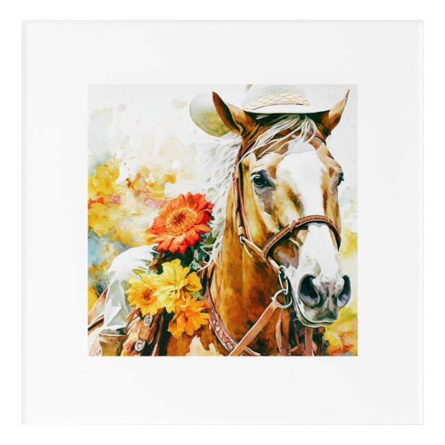 vintage horse wearing cowgirl hat acrylic print (Front)
