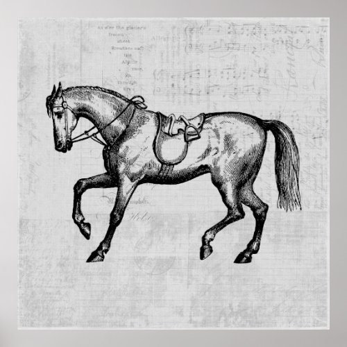 Vintage Horse with Music Paper Background Poster