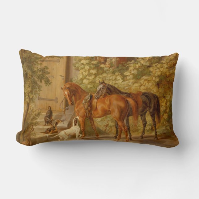 Vintage Horses at the Porch Albrecht Adam Lumbar Pillow (Front)