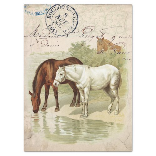 Vintage Horses French Postmark Parchment Decoupage Tissue Paper