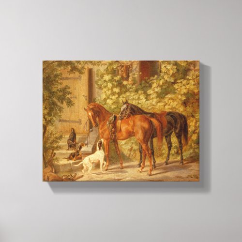 Vintage Horses Playing  with Herding Dogs Canvas Print