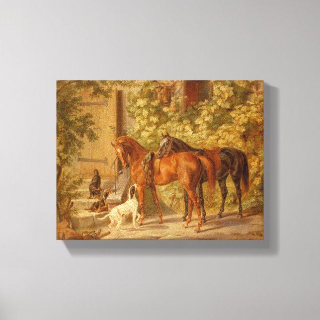 Vintage Horses Playing  with Herding Dogs Canvas Print (Front)