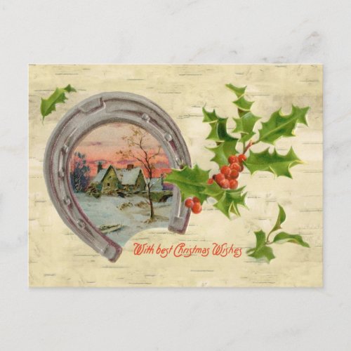Vintage Horseshoe Holly Christmas Holiday Postcard