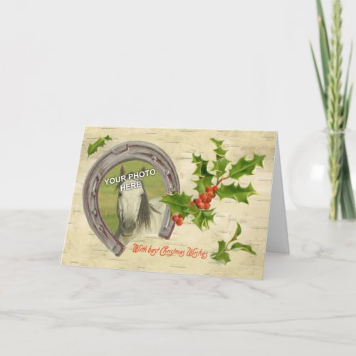 Vintage Horseshoe wHolly Leaves  Berries Frame Holiday Card