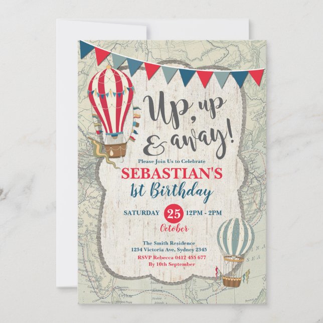 Vintage Hot Air Balloon Adventure 1st Birthday Invitation (Front)