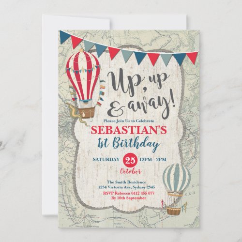 Vintage Hot Air Balloon Adventure 1st Birthday Invitation