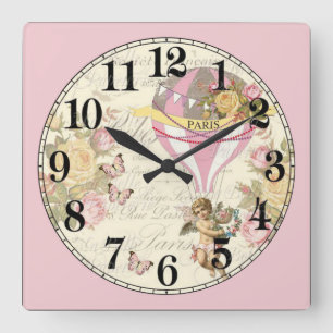 Vintage Hot Air Balloon and Cherub Square Wall Clock
