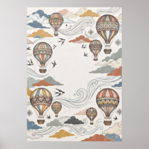 Vintage Hot Air Balloon Cloud Adventure Art Poster